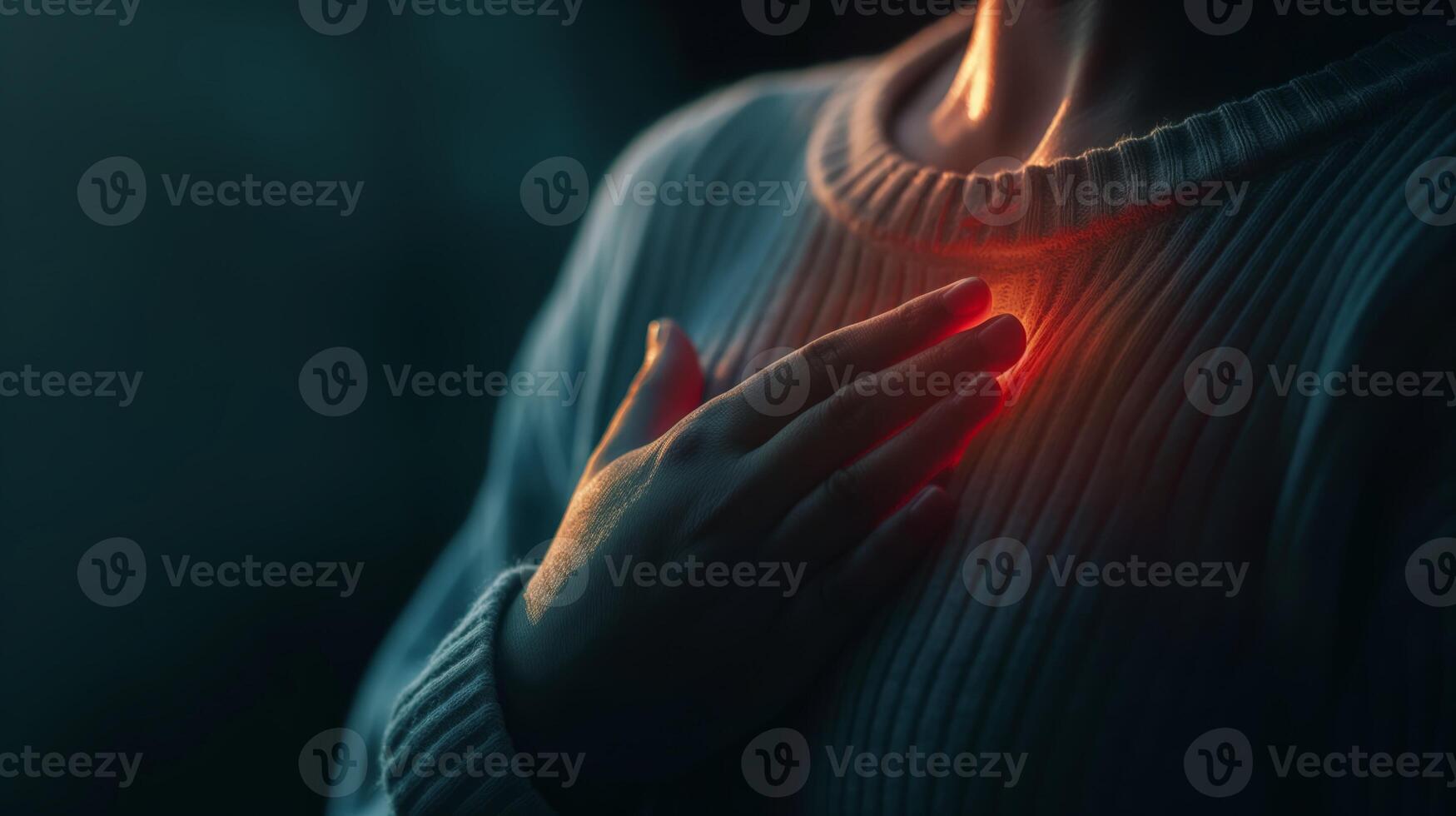 Person holding hand over glowing heart symbolizing health issues related to chest, heart, or torso inflammation photo