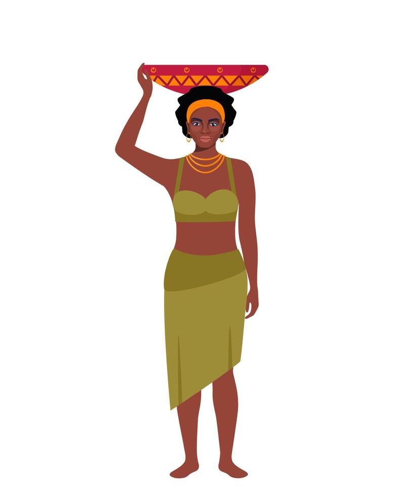 Native black skinned woman of African tribe. Full length portrait. African aborigine girl with traditional ethnic dress, standing in full growth with fruit vase on her had. . vector