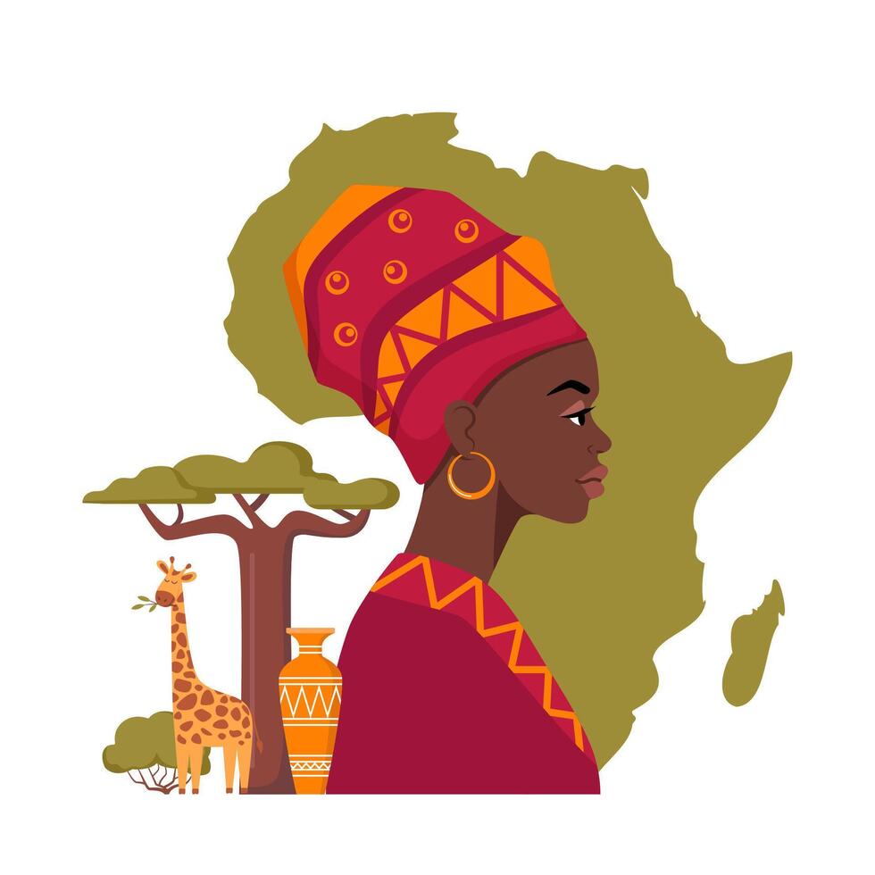 African woman portrait in ethnic turban, silhouette, Africa continent map, trees, wild animals. Africa Motherland. Afro design, Safari tribal logo banner. . vector