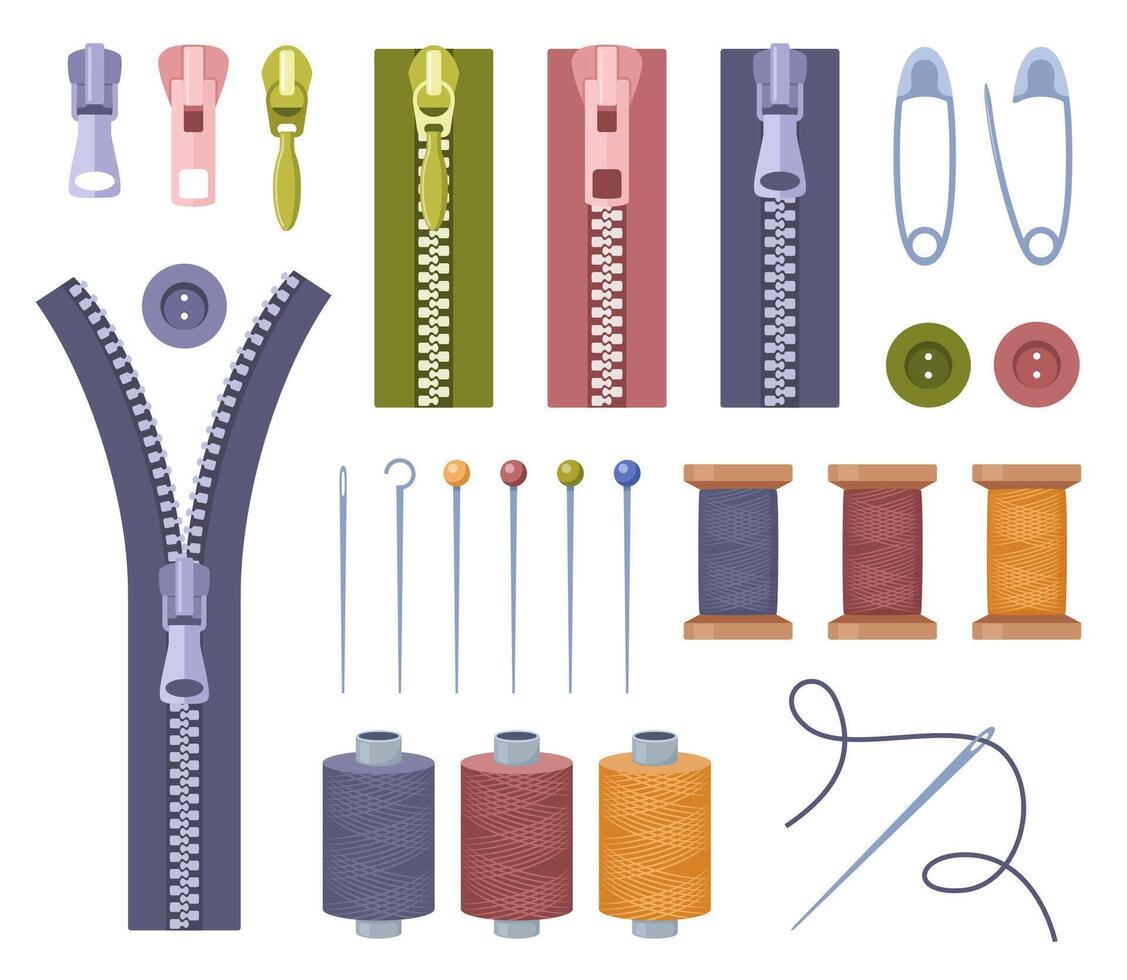 Tailors accessories, supplies to sew cloth. Dressmaking collection with thread rolls, button, needles, zipper, scissors. Tailoring studio. vector