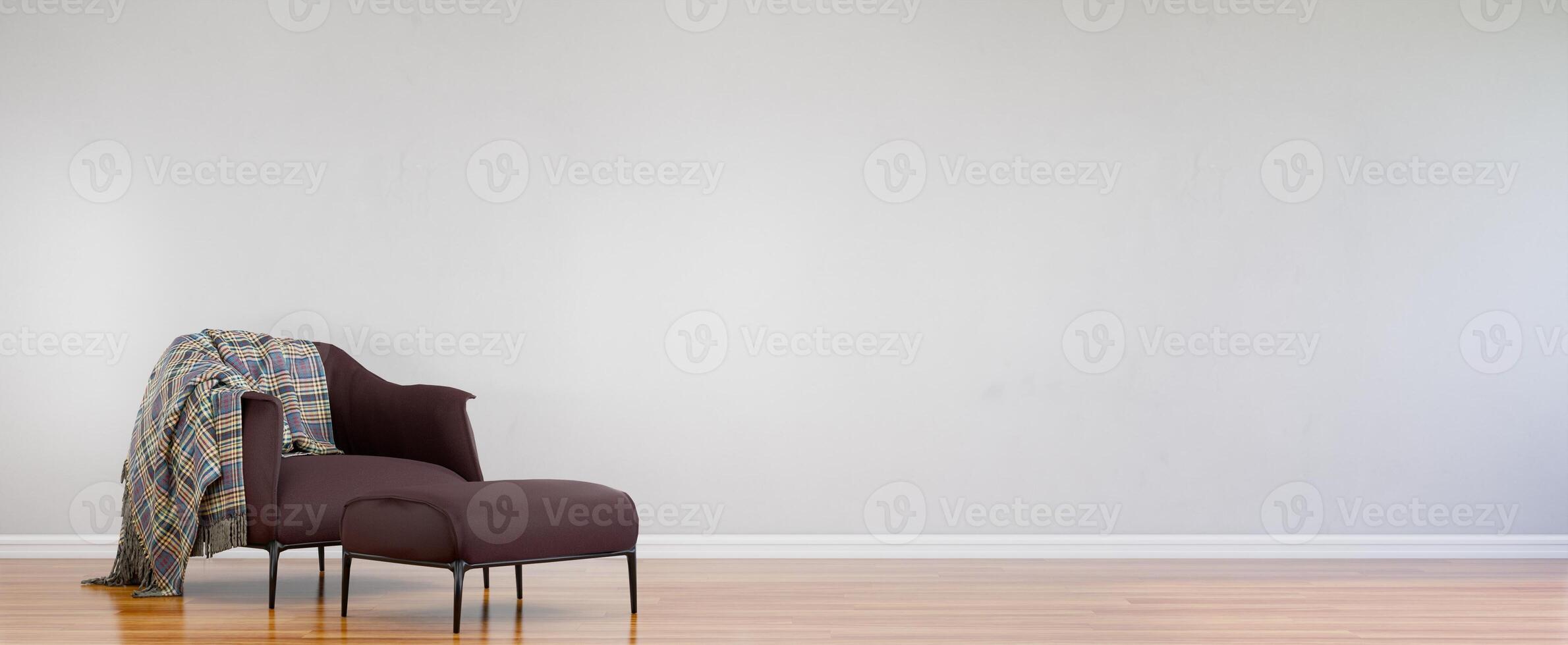 Minimal interior armchair zen style wooden chair in front of empty white wall, 3D rendering photo