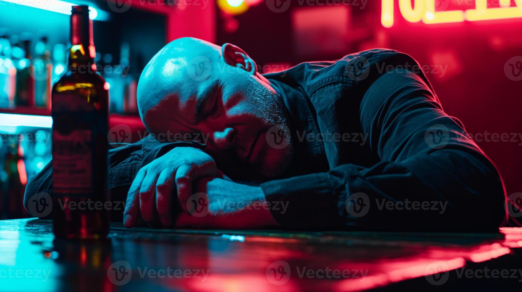 Man passed out in bar with drink symbolizing alcohol abuse and loneliness photo