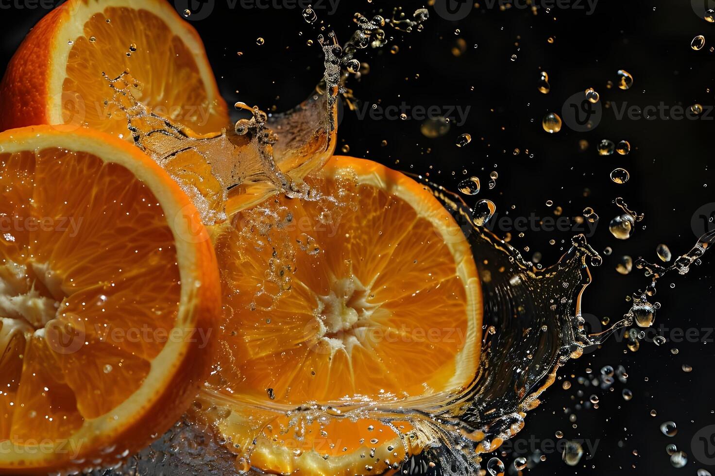 orange, black background, dissolved in water, falling into water photo