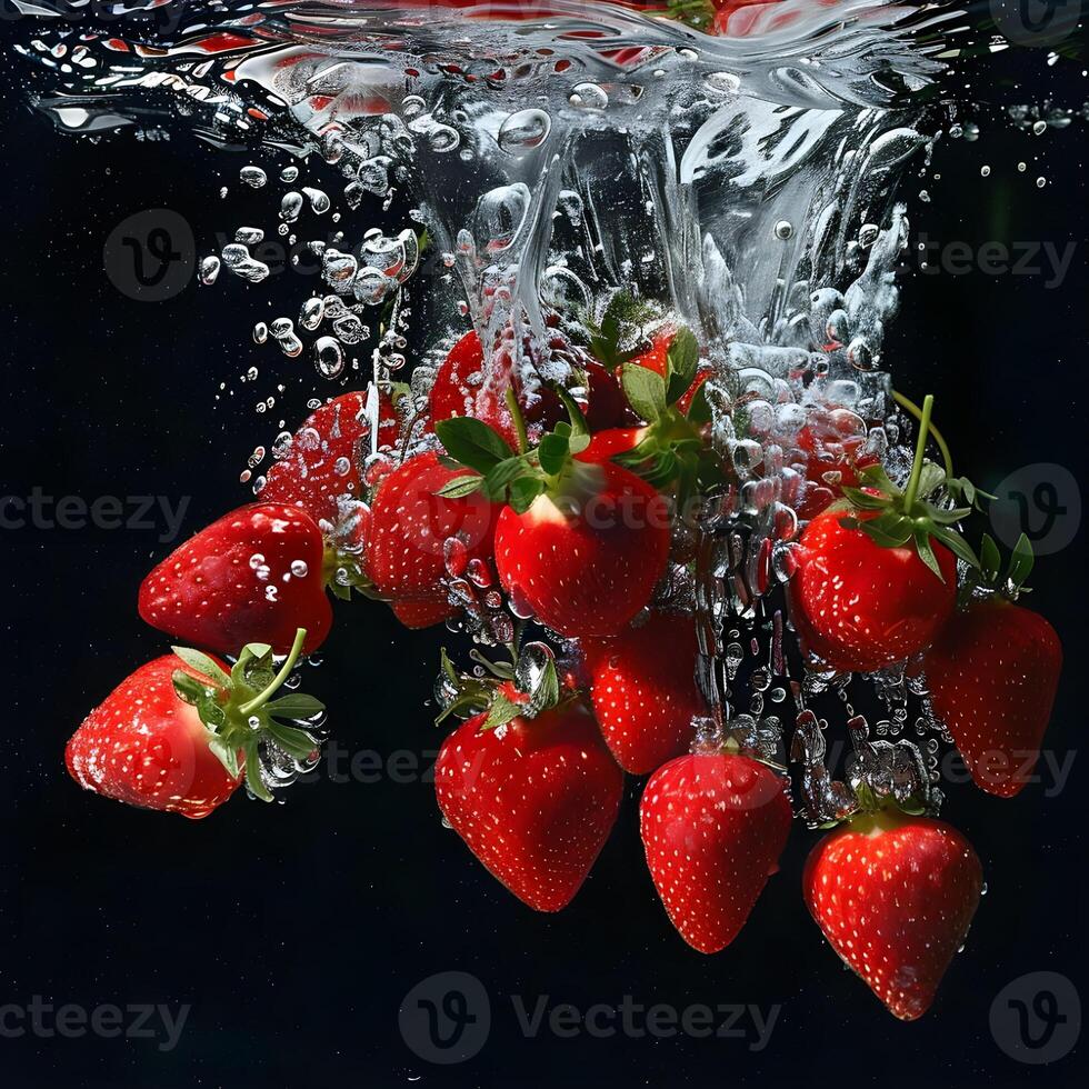 Strawberry, black background, falling into water, dissolved in water photo