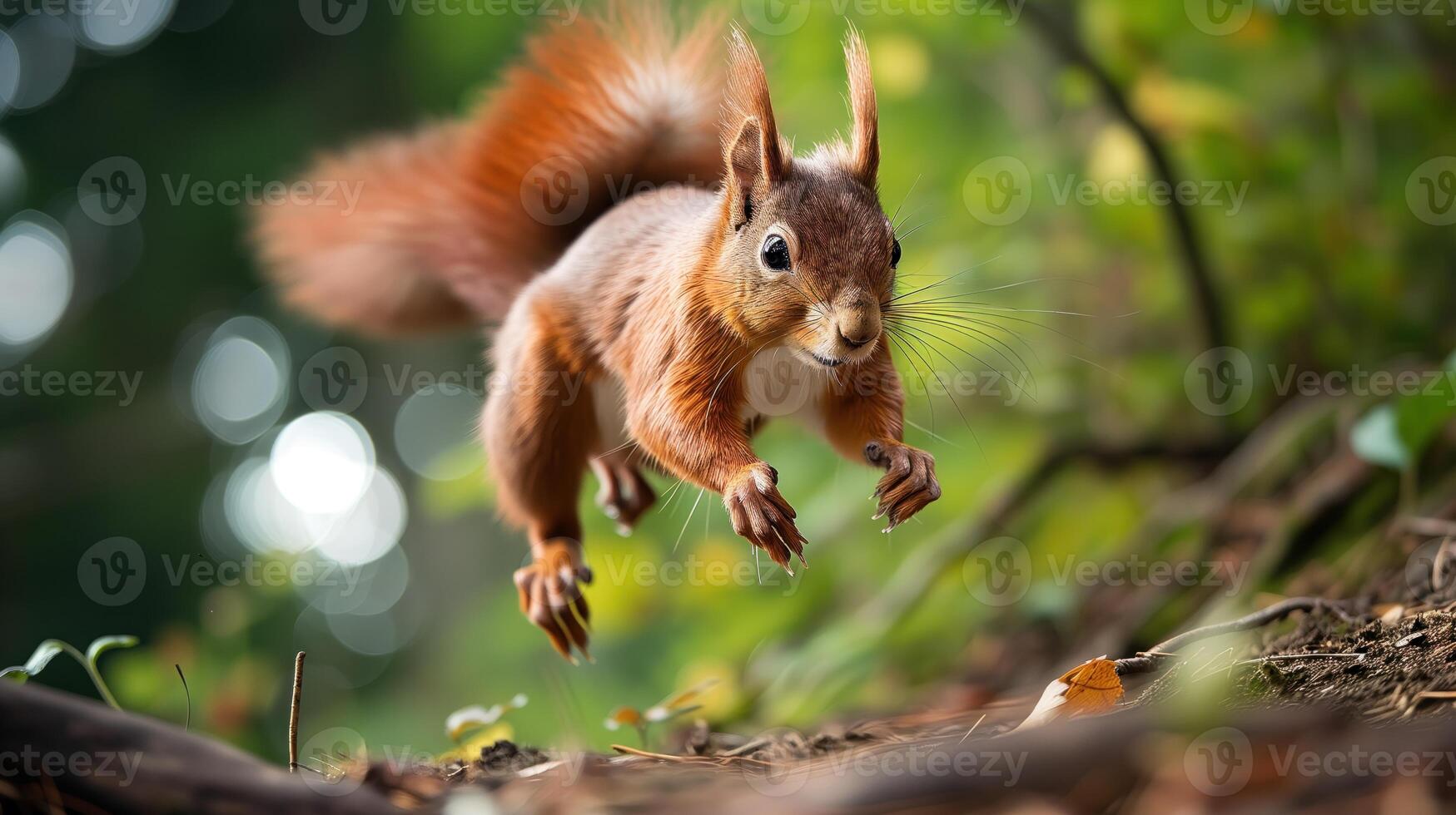 red squirrel jumping in the air with blurred background - wildlife photography photo