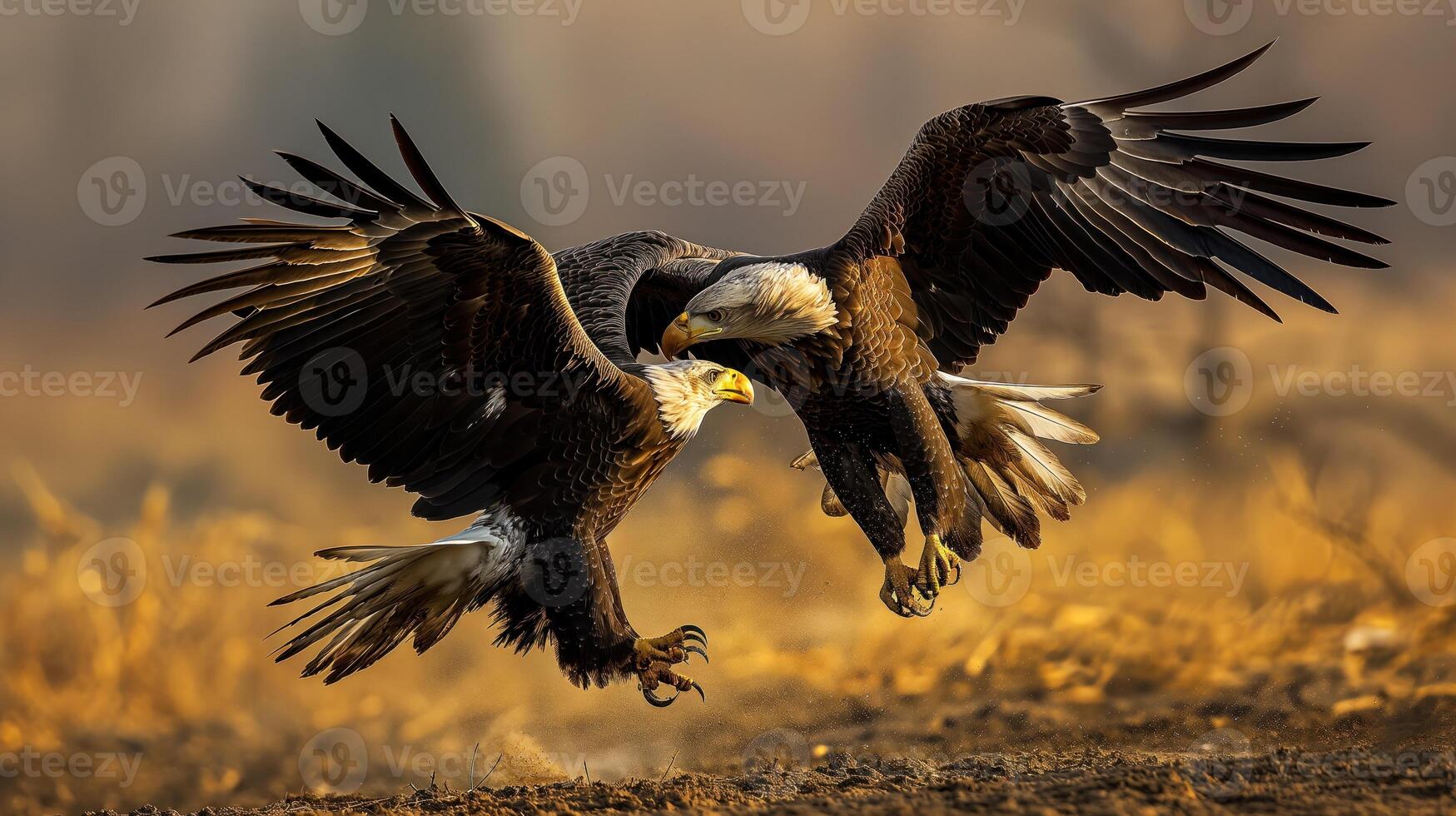 two eagles fighting while flying through a field - wildlife photography photo