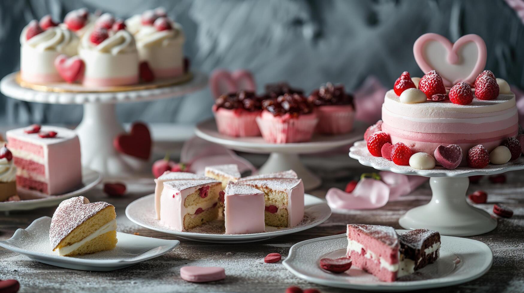 dessert table set to serve various cakes and desserts photo