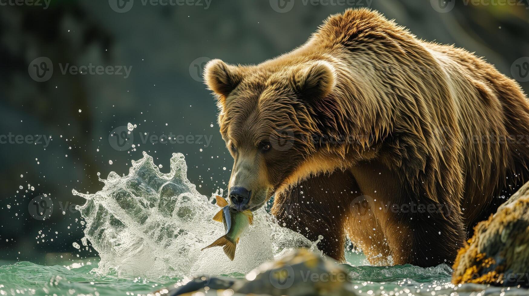 a brown bear is catching a fish off of the water - wildlife photography photo