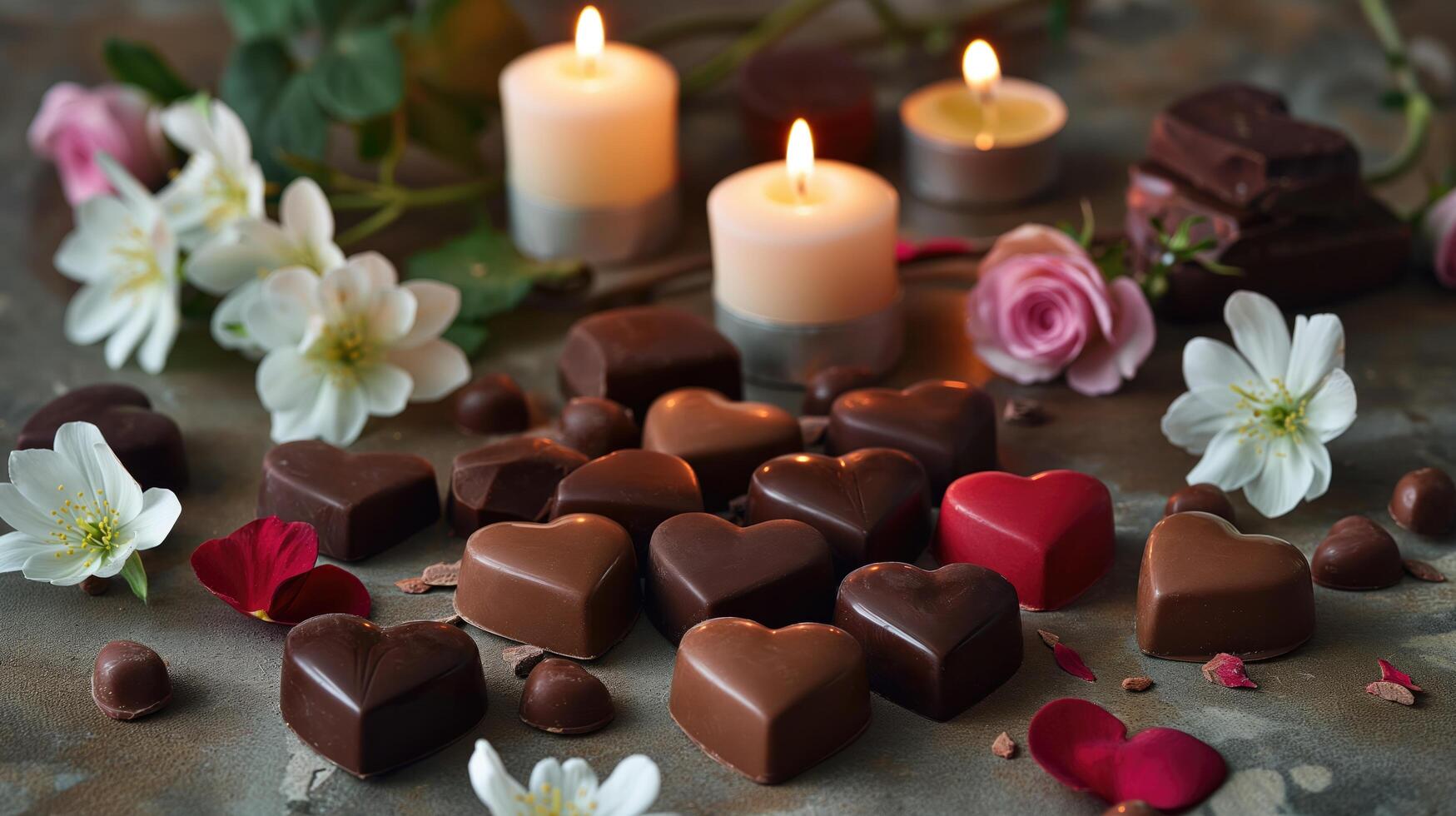 flowers and candles are placed around various heart shaped chocolate photo
