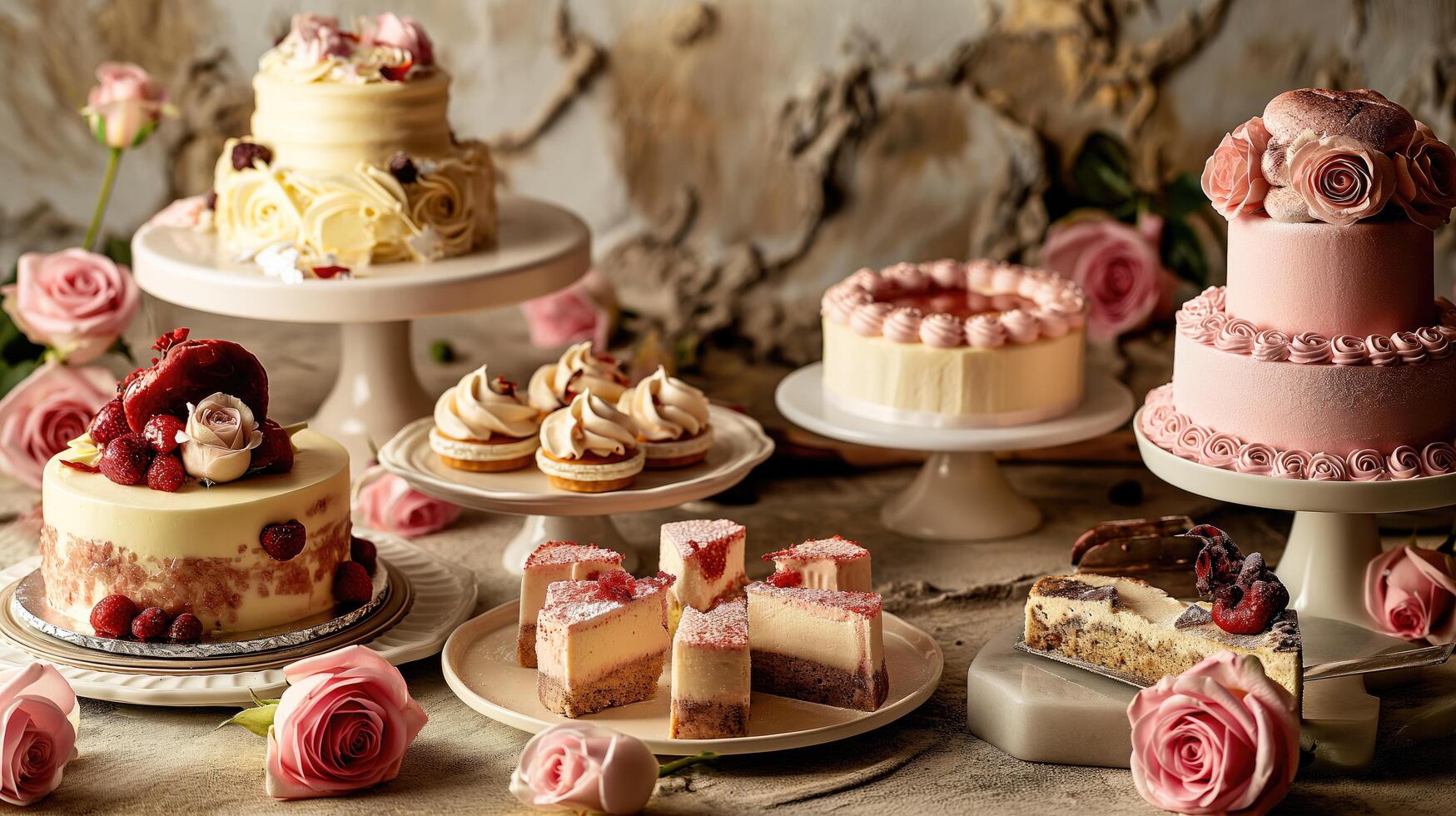 valentine's day dessert table set to serve various cakes and desserts with roses and flowers photo
