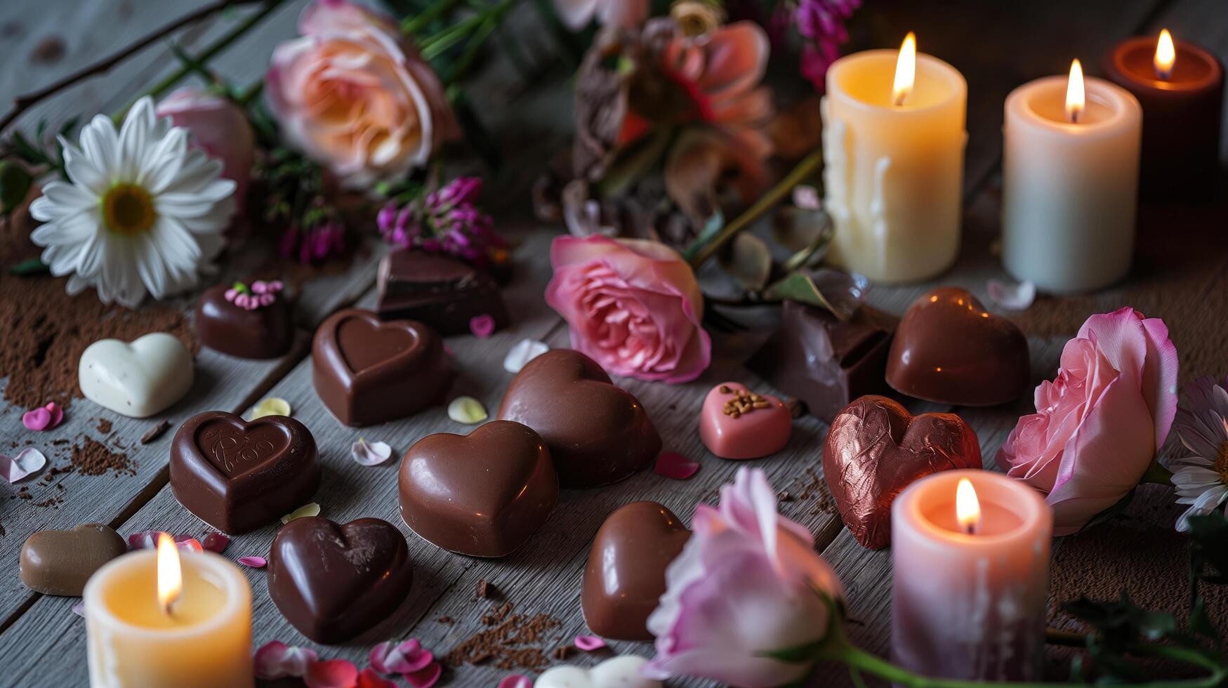 flowers and candles are placed around various heart shaped chocolate photo