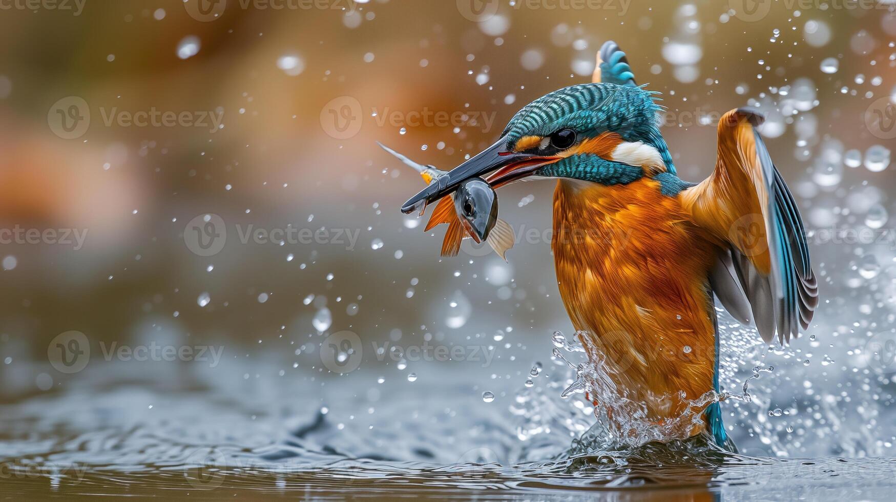 a kingfisher catching a fish off the water - wildlife photography photo