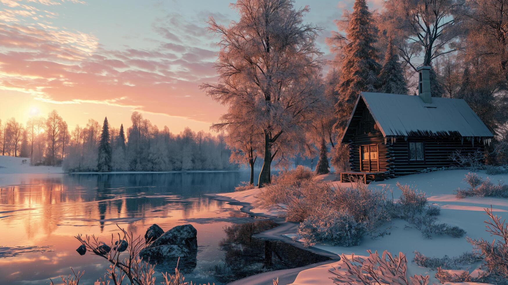scene of a cabin and lake in the winter with glistening frost on trees photo