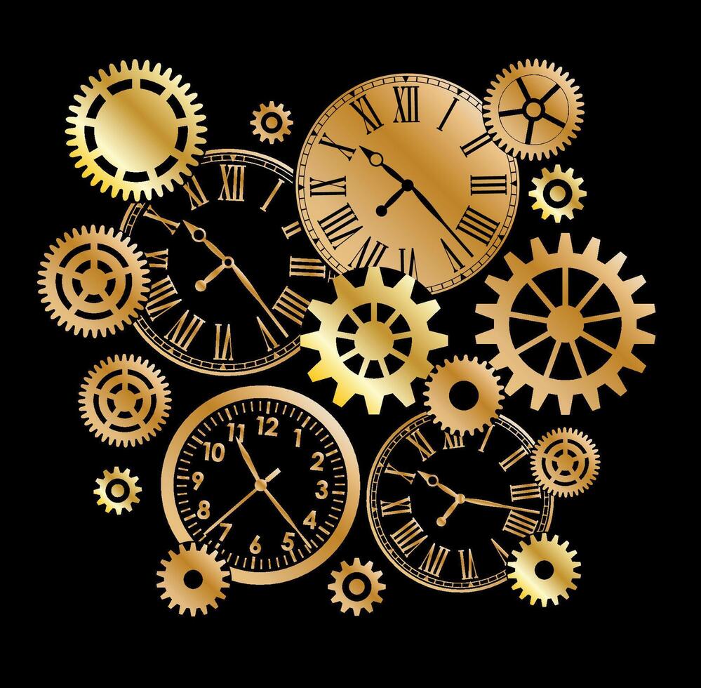 Golg metallic clocks and gears and mechanisms on black background vector
