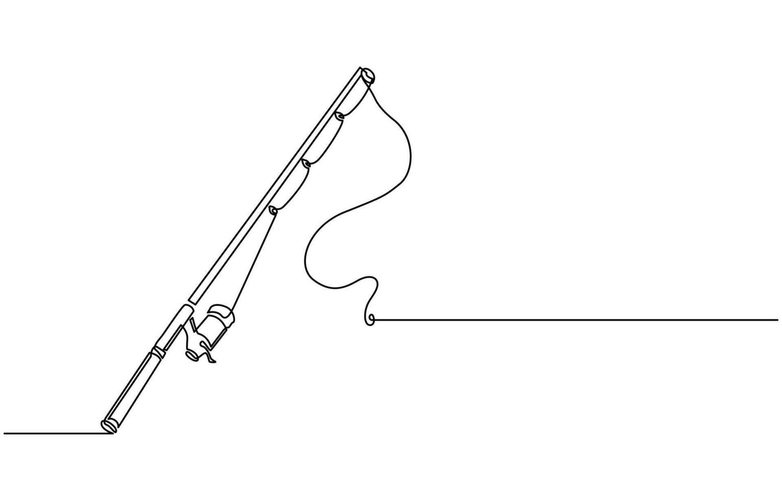 One continuous drawn single art line sketch fishing rod, spinning rod, reel, tackle, vector