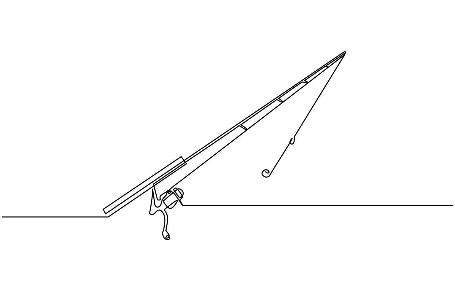 One continuous drawn single art line sketch fishing rod, spinning rod, reel, tackle, vector