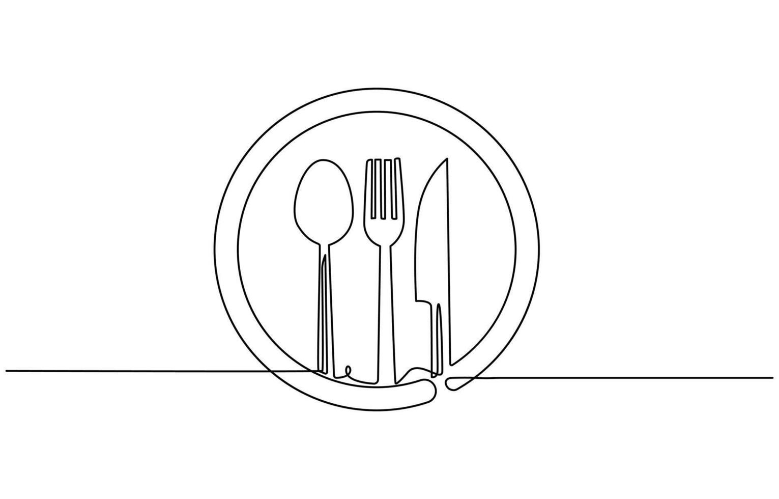 continuous single line drawing of dinner concept, plate with fork, knife and spoon, line art illustration vector