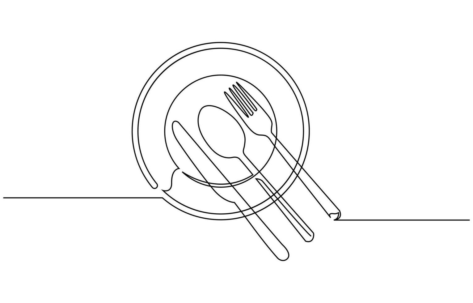 continuous single line drawing of dinner concept, plate with fork, knife and spoon, line art illustration vector