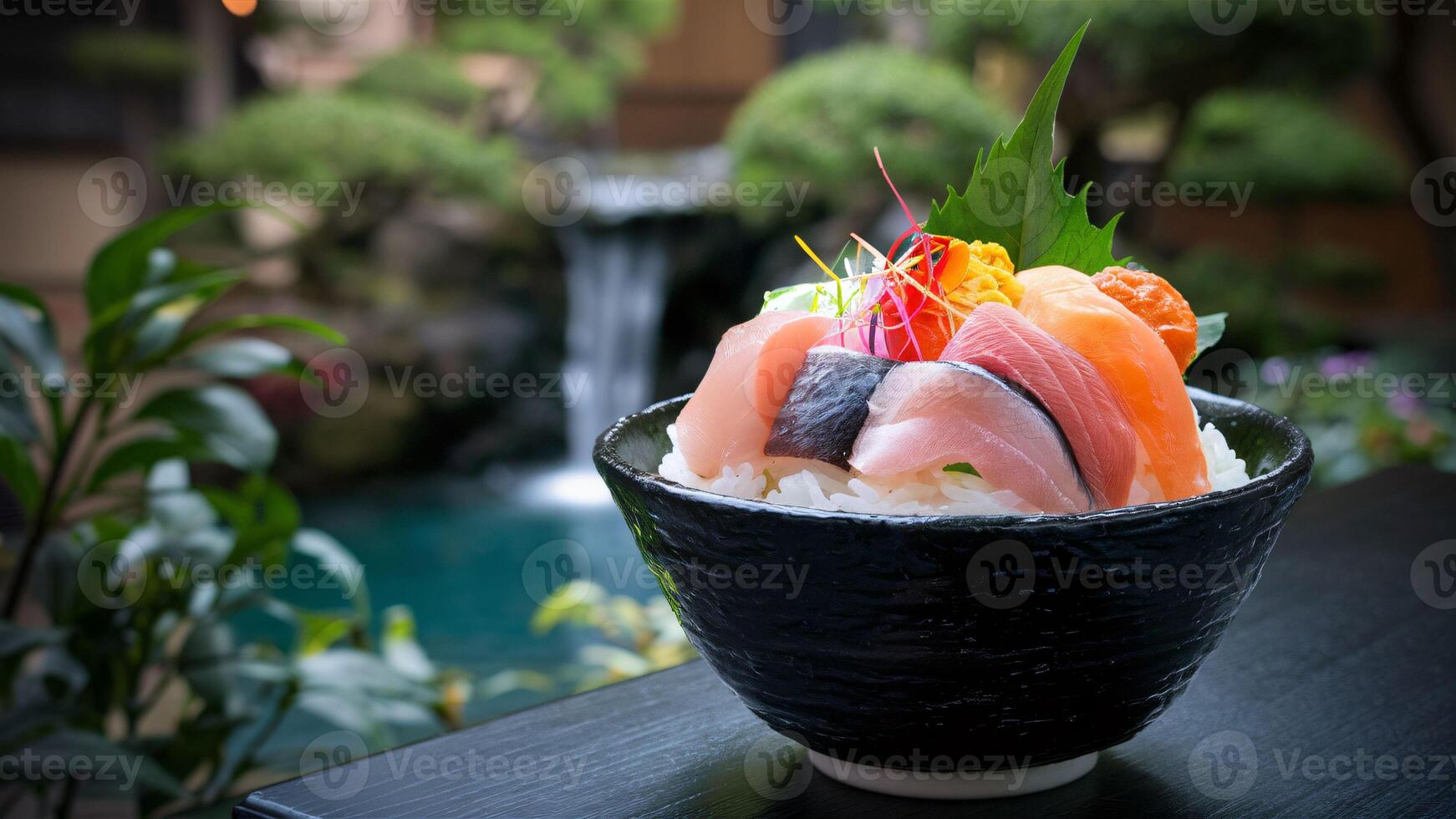 A Bountiful Chirashi Sushi Bowl, Abundant with Fresh Fish and Vibrant Garnishes, Nestled Atop a Cushion of Sushi Rice photo