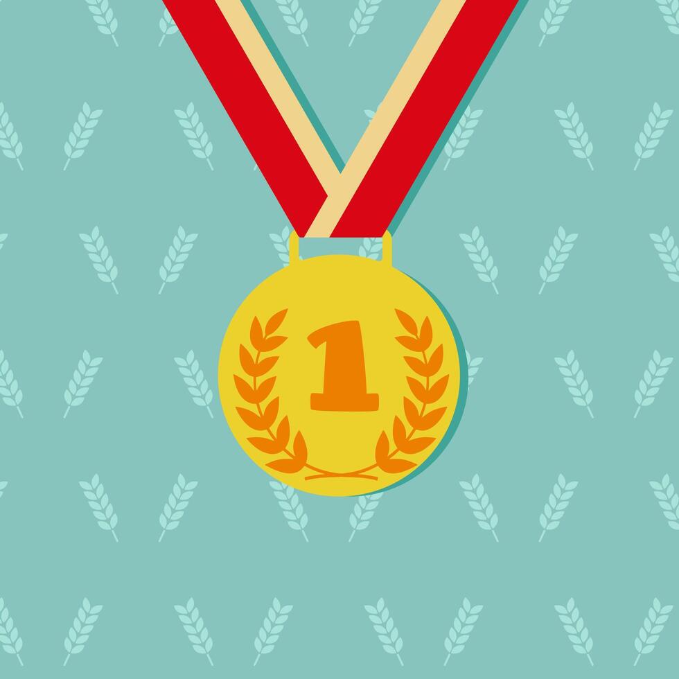 Gold medal with red ribbon on blue background. 1st place badge. Champion reward symbol. Sport game golden challenge prize. Flat style. vector