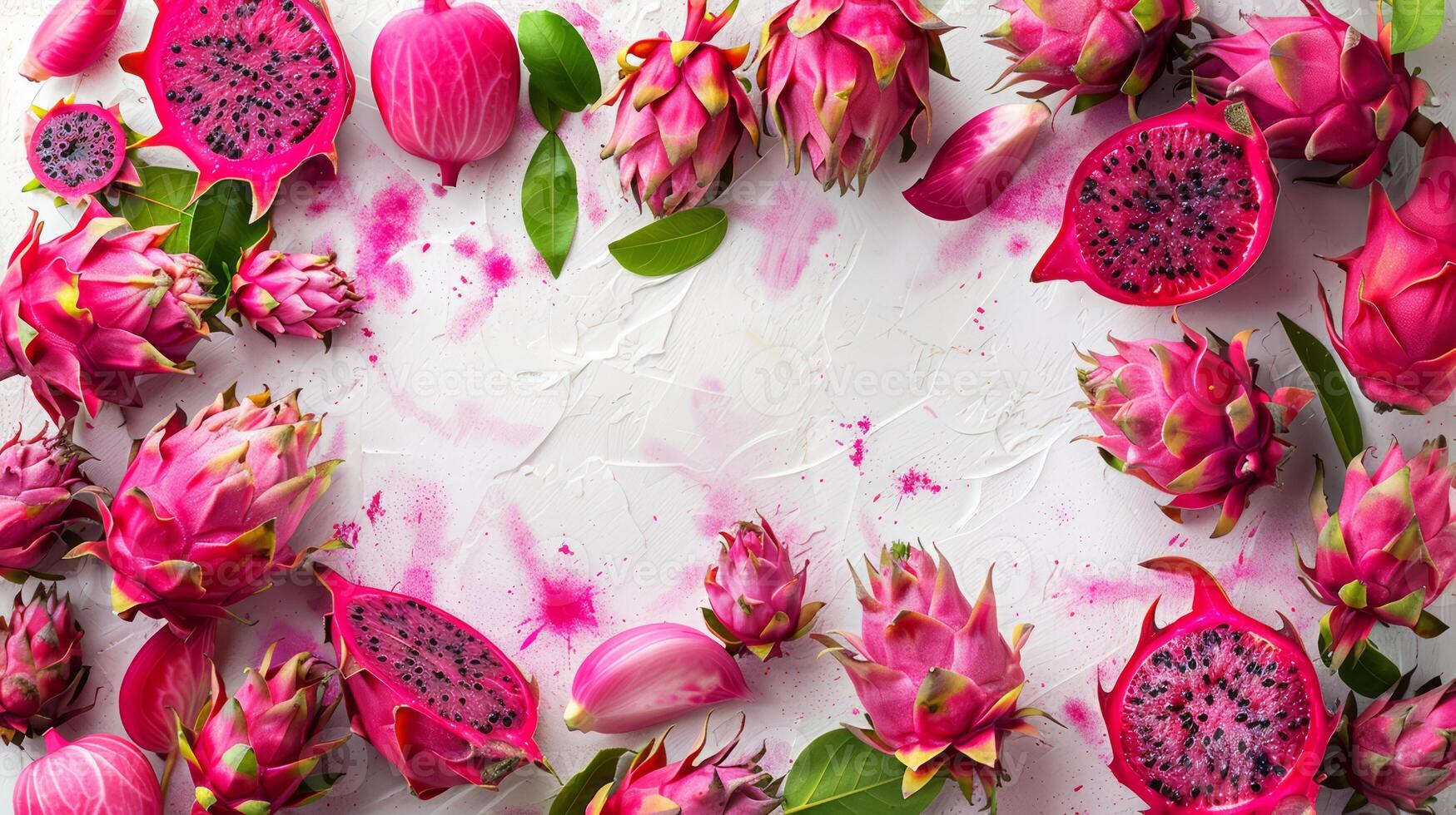 a colorful arrangement of dragon fruit on a white surface photo