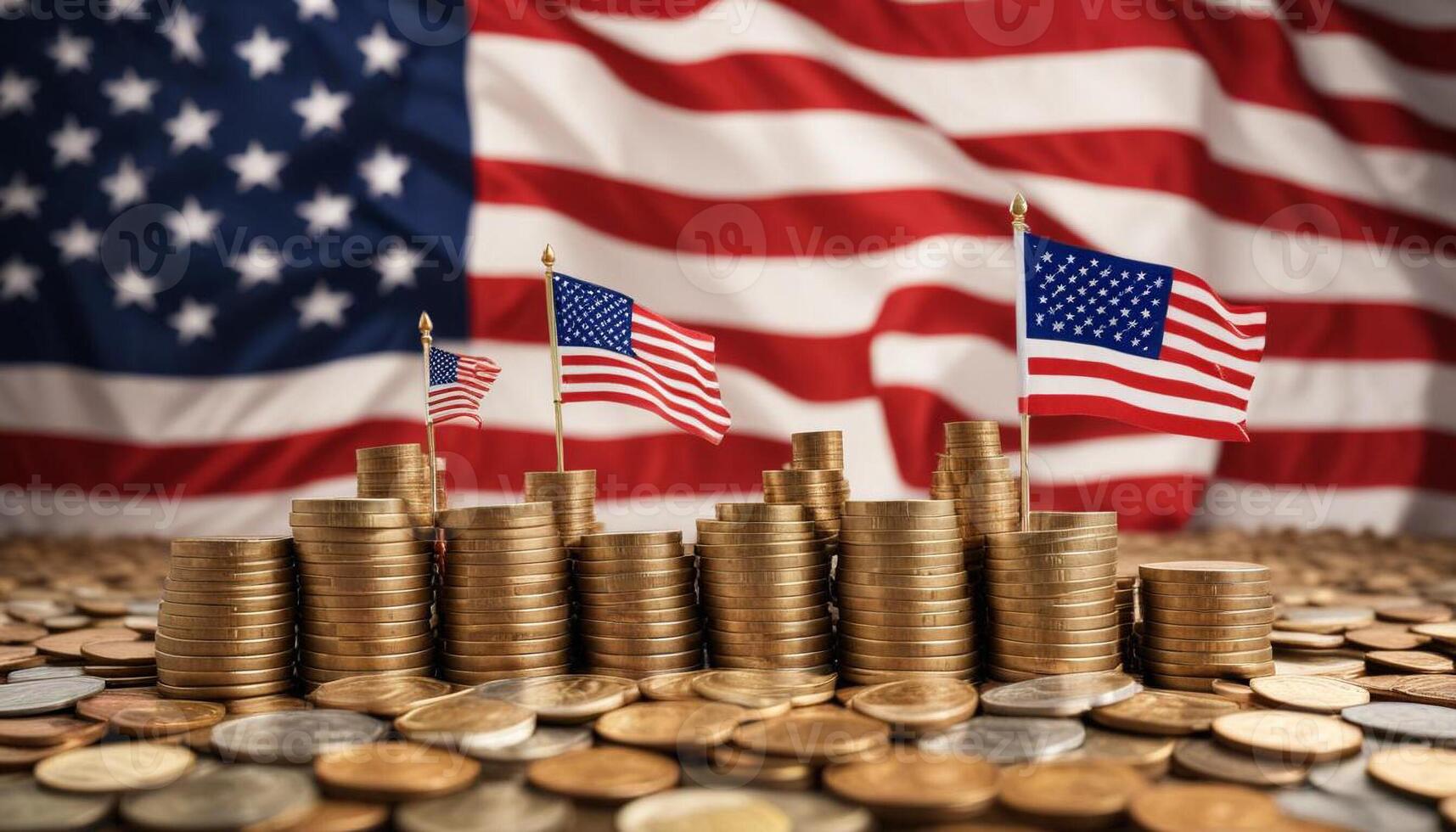 Stacked coins symbolizing financial growth, with America Flag photo