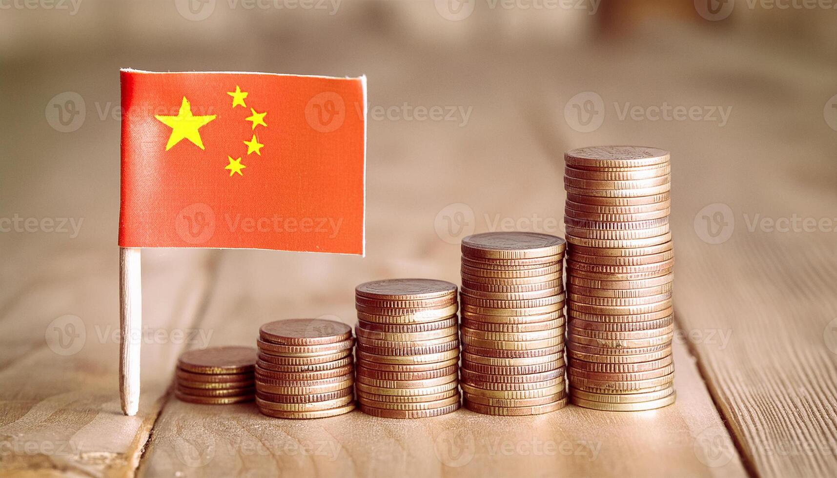 Stacked coins symbolizing financial growth, with China Flag photo