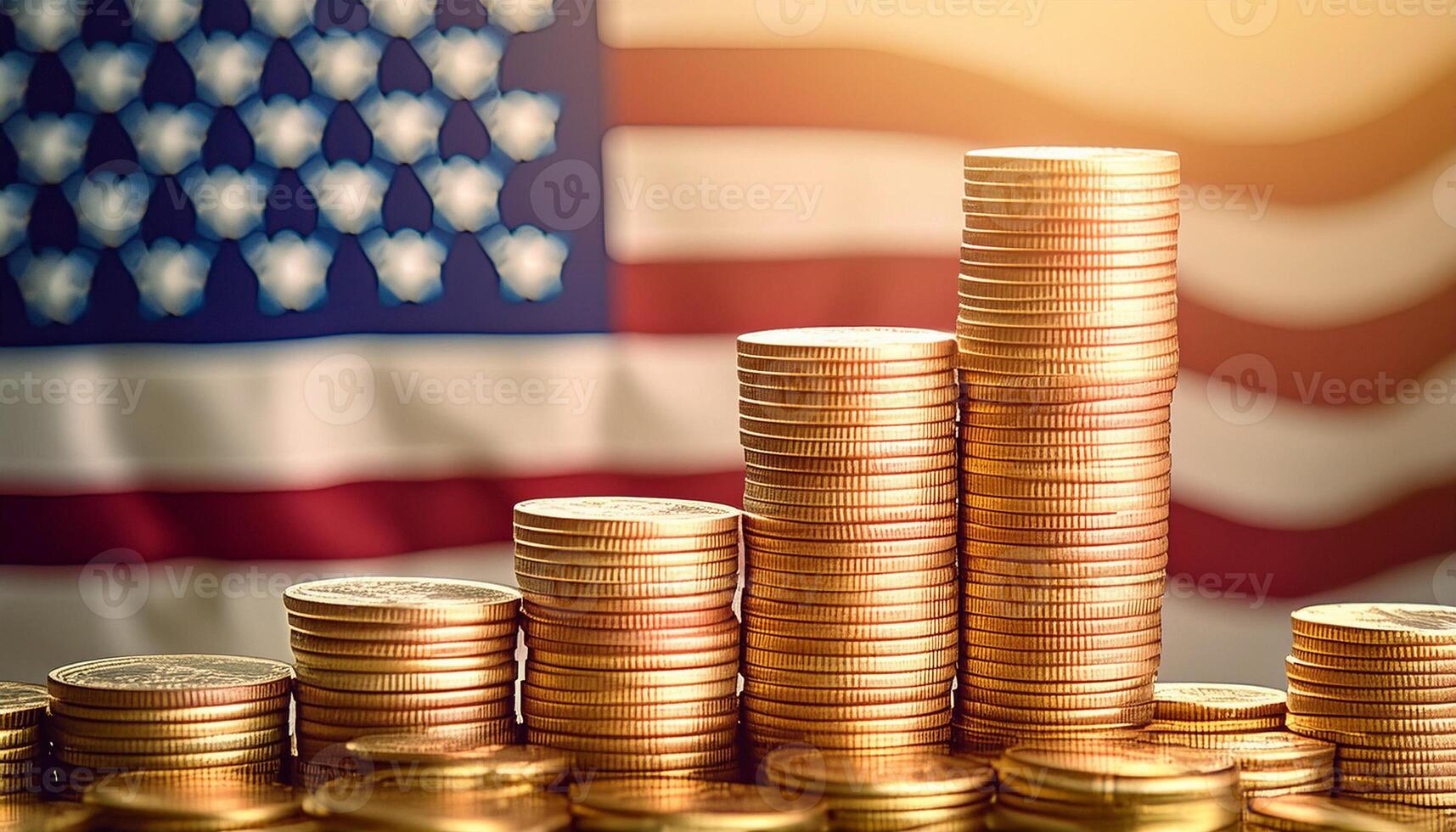 Stacked coins symbolizing financial growth, with America Flag photo