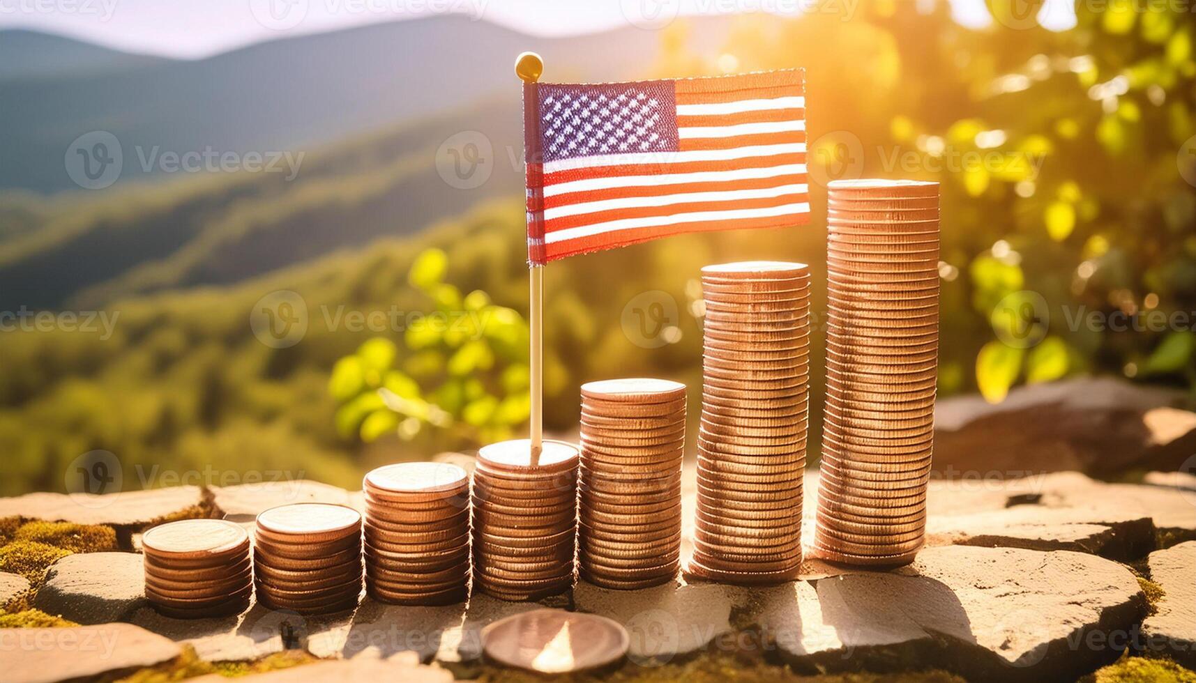 Stacked coins symbolizing financial growth, with America Flag photo