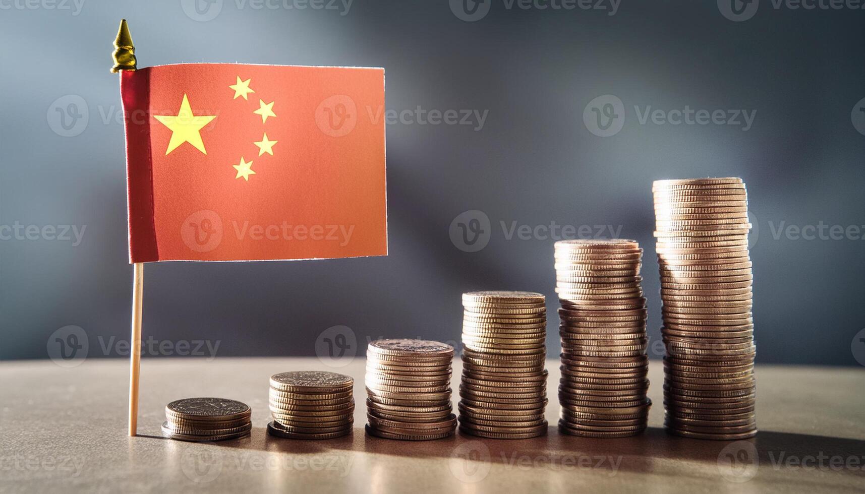 Stacked coins symbolizing financial growth, with China Flag photo