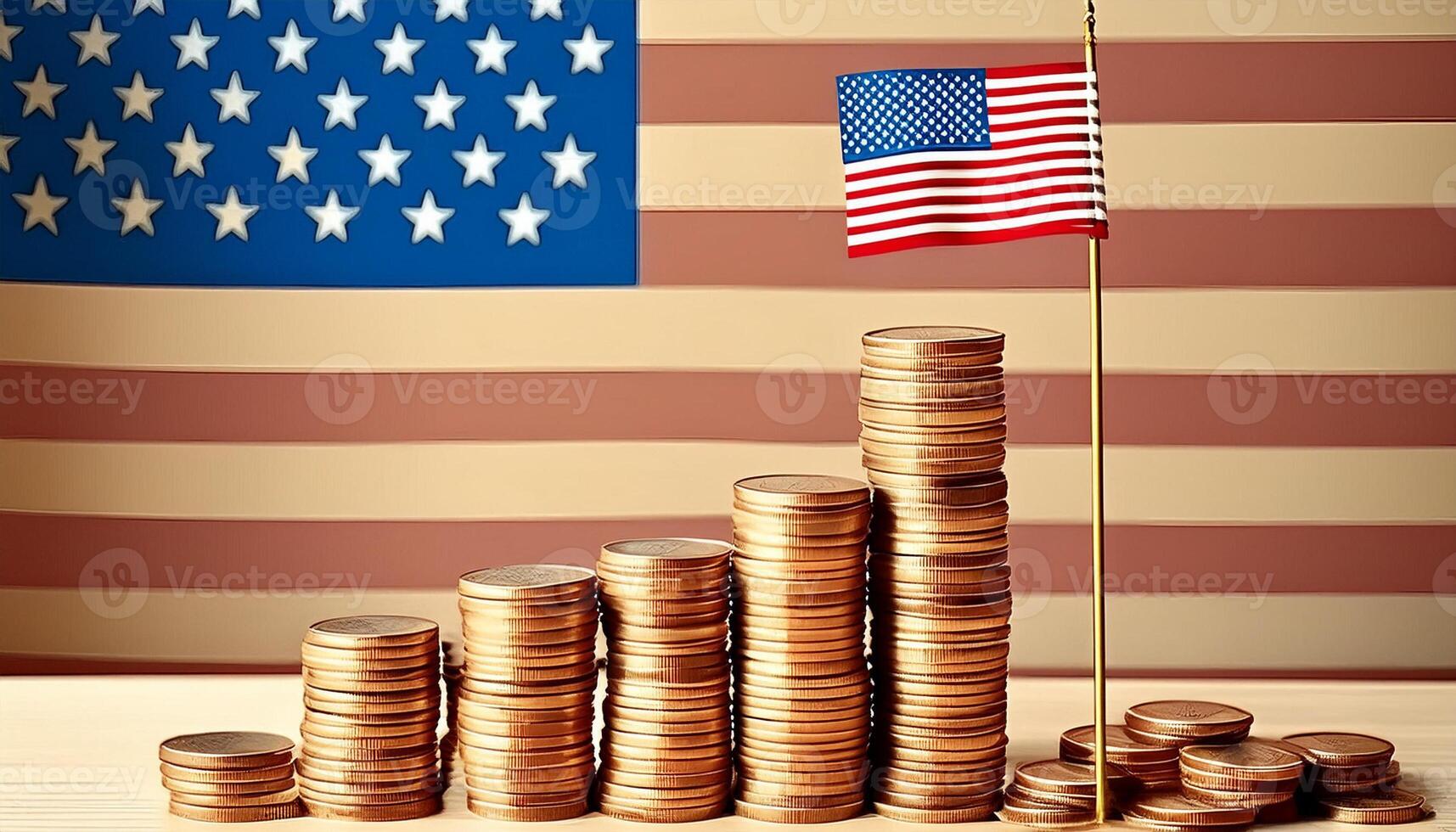 Stacked coins symbolizing financial growth, with America Flag photo