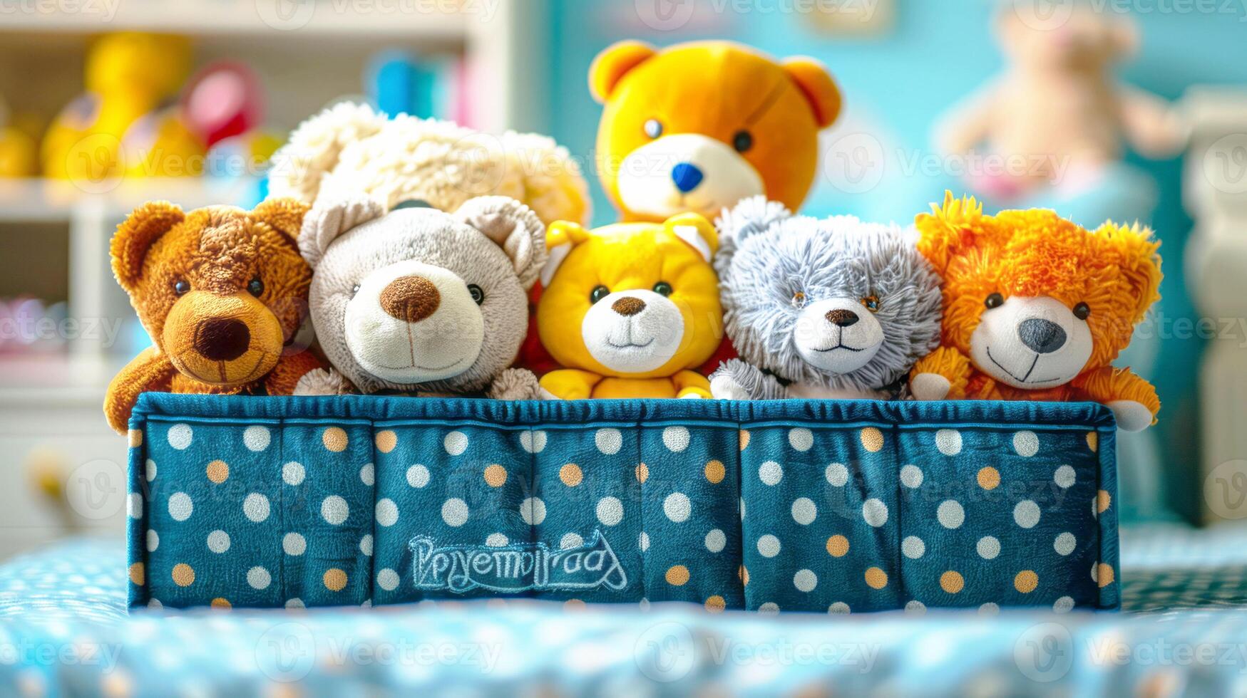 Group of stuffed animals sits in a blue and white polka dot box with a yellow, gray, and brown color scheme photo