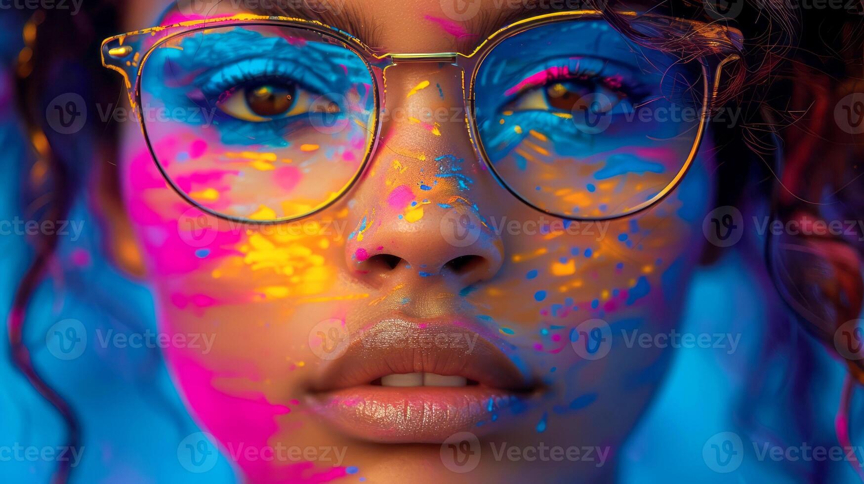 Close up portrait of an American-African beautiful young woman wearing glasses with creative makeup photo