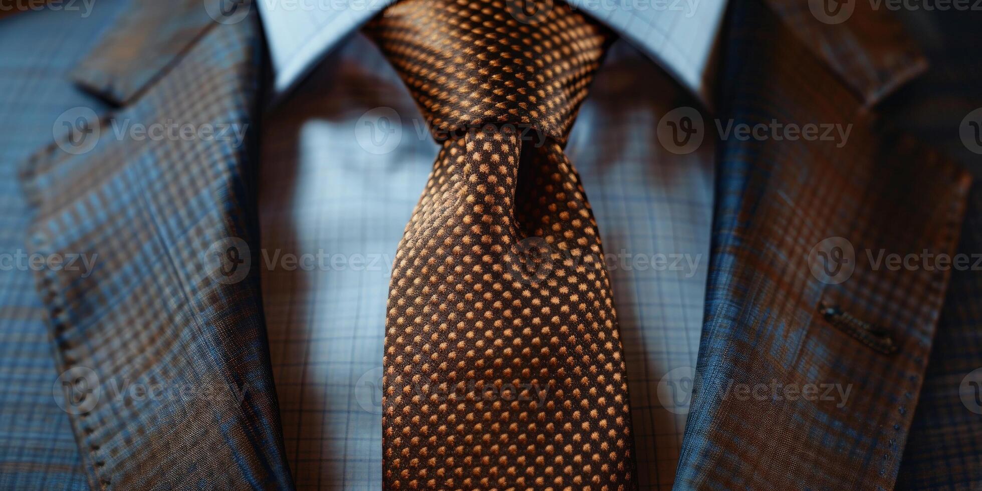 Close-Up of a Brown and Gold Patterned Tie on a Checked Suit photo