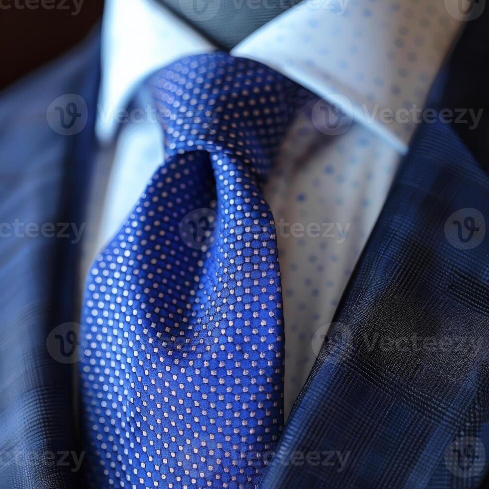 Close-Up of a Blue Polka Dot Tie on a Sharp Suit photo