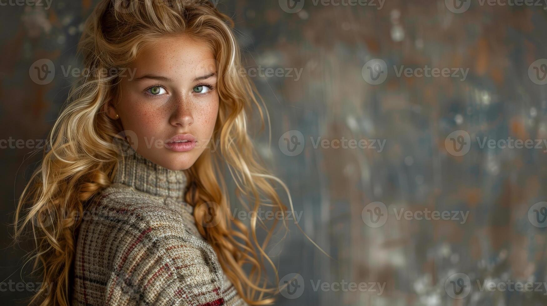European Girl With Blonde Hair and Green Eyes Wearing a Sweater and Plaid Skirt photo