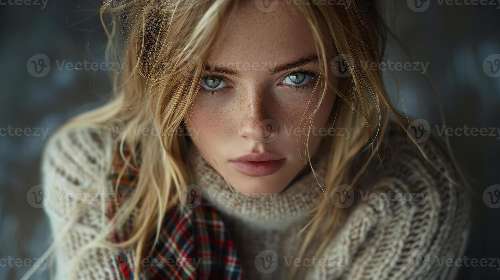 European Woman With Blonde Hair and Green Eyes Wearing a Sweater and Plaid Skirt photo