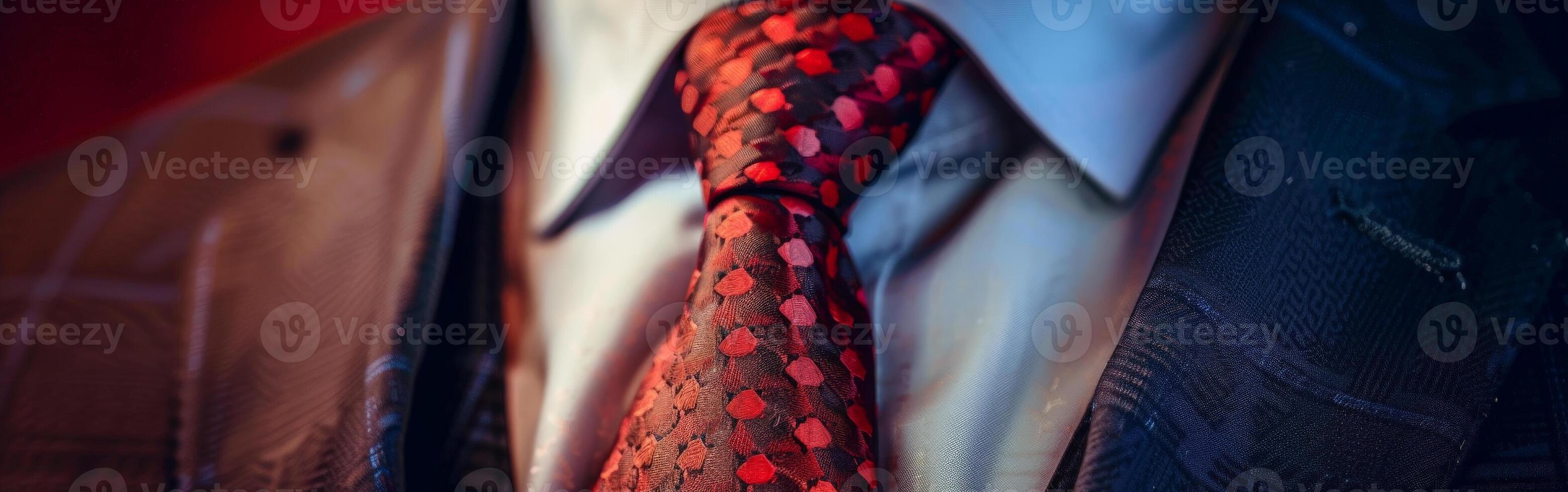 Close-Up of a Red and Black Tie Worn With a Sharp Suit and White Shirt photo