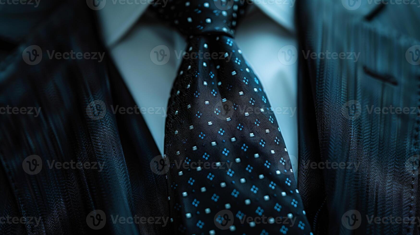 Close-Up of a Black Necktie With Blue and White Pattern on a Suit photo