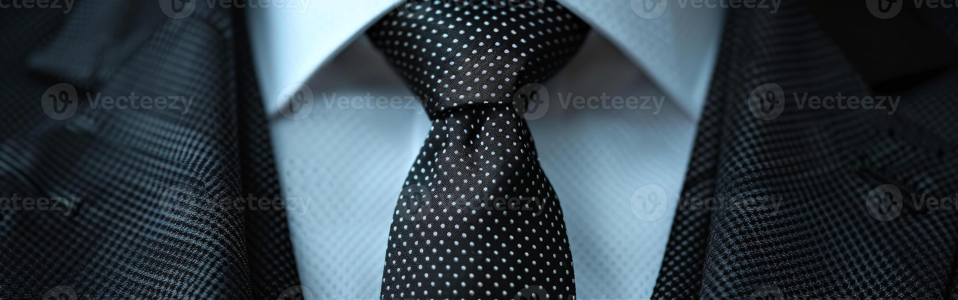 Close-Up of a Black Tie With White Dots on a Suit Jacket photo