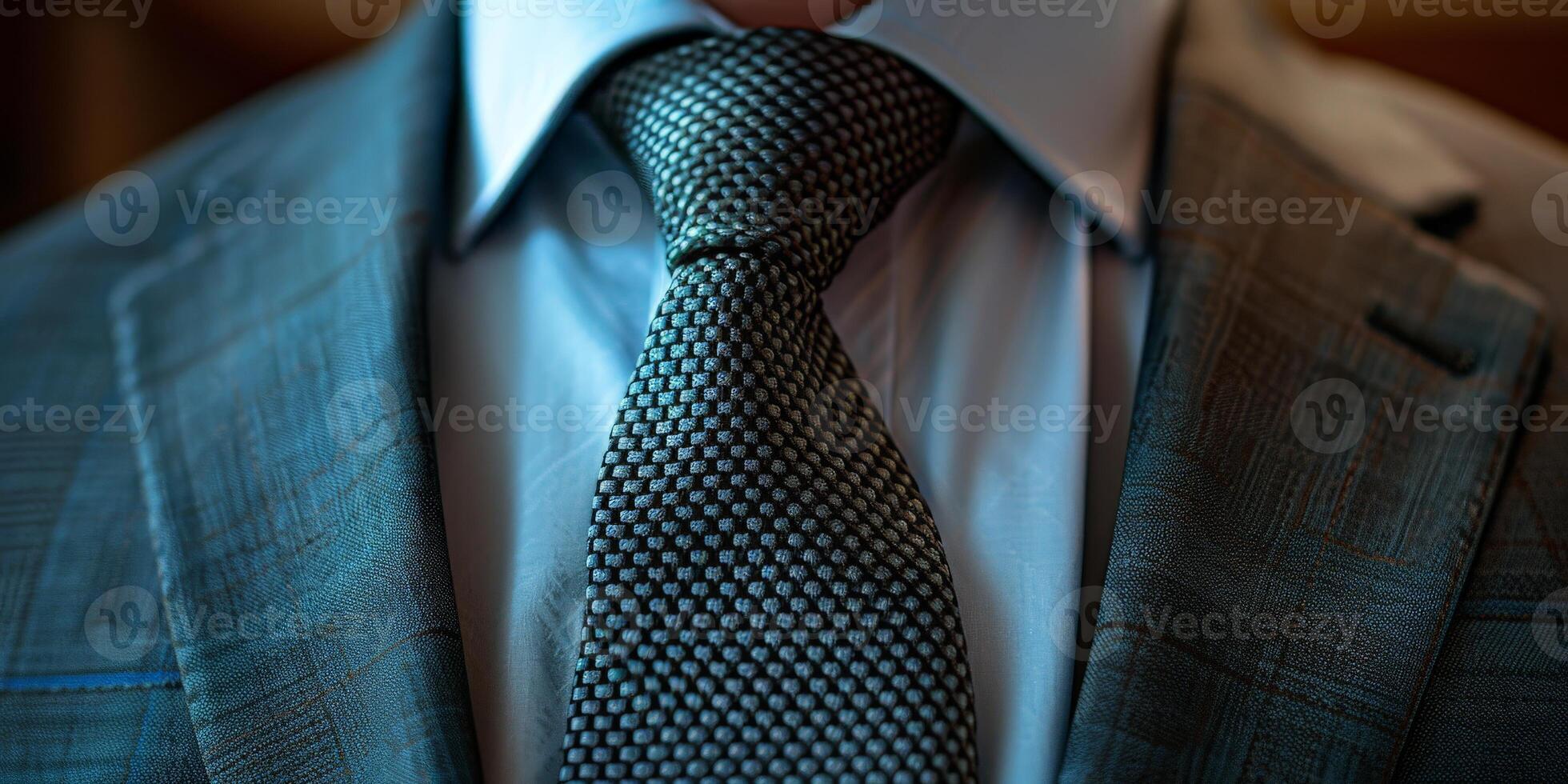 Close-Up of a Patterned Necktie Worn With a Grey Suit and White Shirt photo