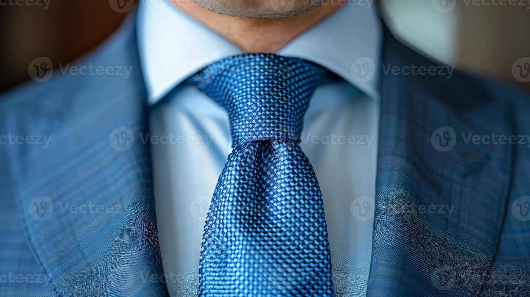 Close-Up of a Blue Silk Tie Worn With a Sharp Suit photo