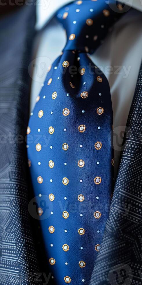 de cerca de un azul corbata con blanco y oro polca puntos en un agudo traje foto