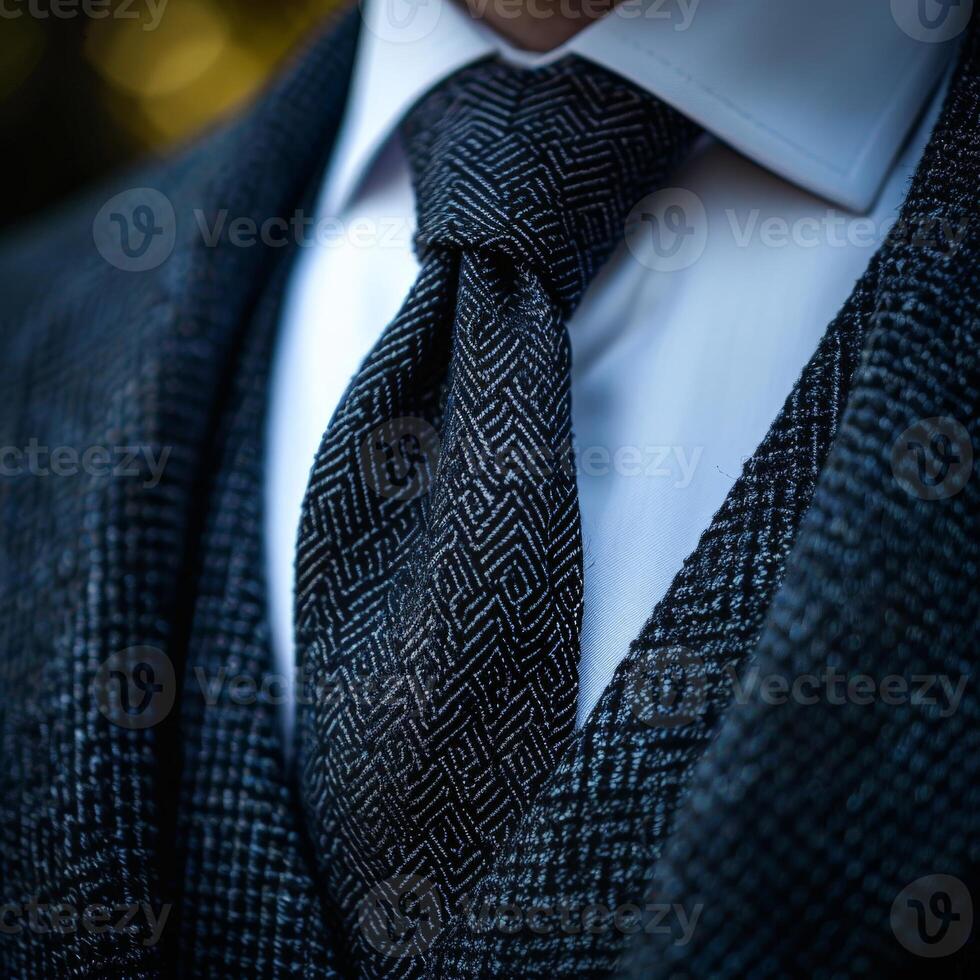Close-Up of a Dark Blue Necktie With a Geometric Pattern on a Suit photo
