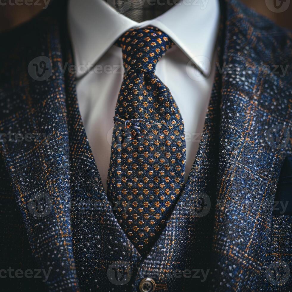 Close-Up View of a Navy Blue Suit With a Gold and Blue Patterned Tie photo
