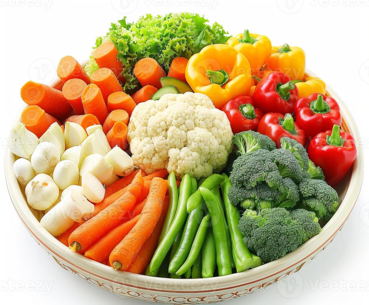 Colorful Vegetable Platter With Carrots, Broccoli, Cauliflower, and Peppers photo