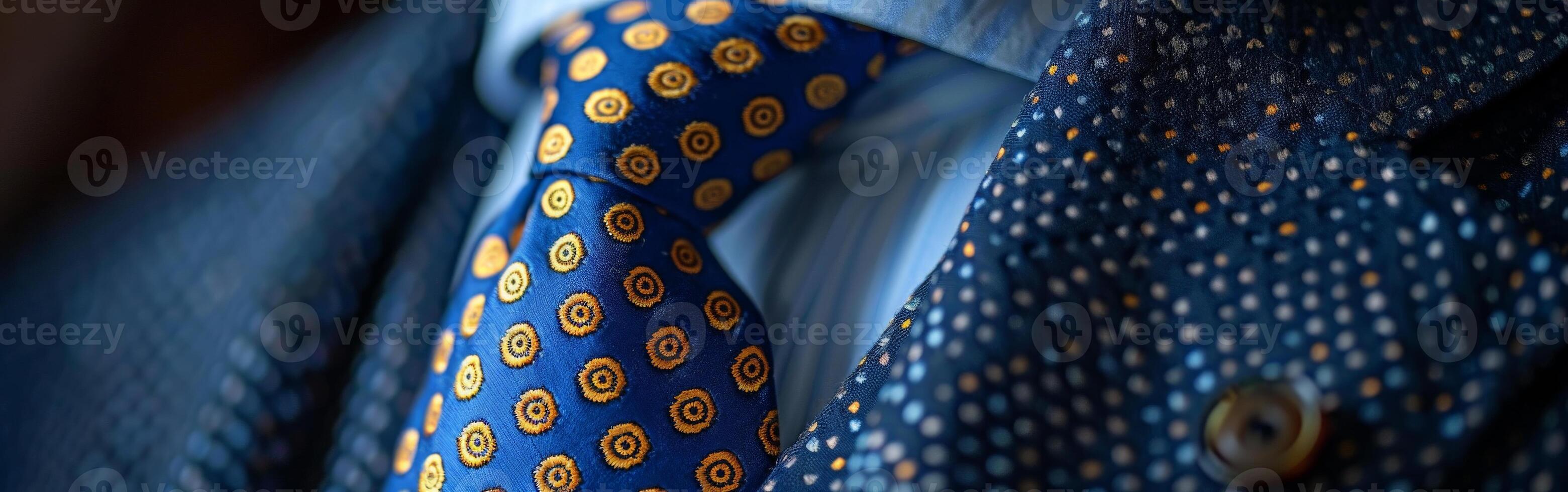 Close-Up Of A Blue Necktie With Gold Circles Pattern photo