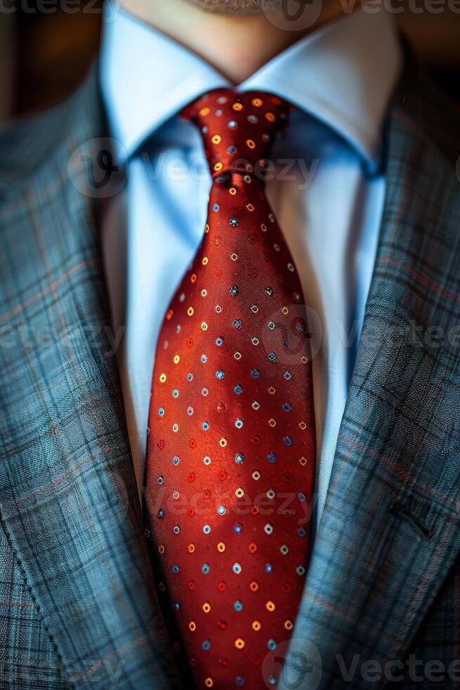 Close-Up of a Red Tie With Colorful Dots on a Sharp Suit photo