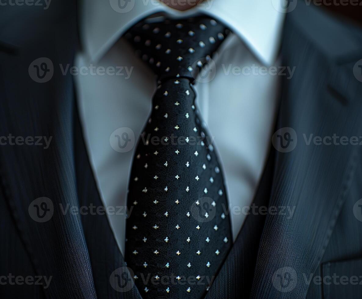 Close-Up of a Black Tie With White Polka Dots on a Blue Suit photo