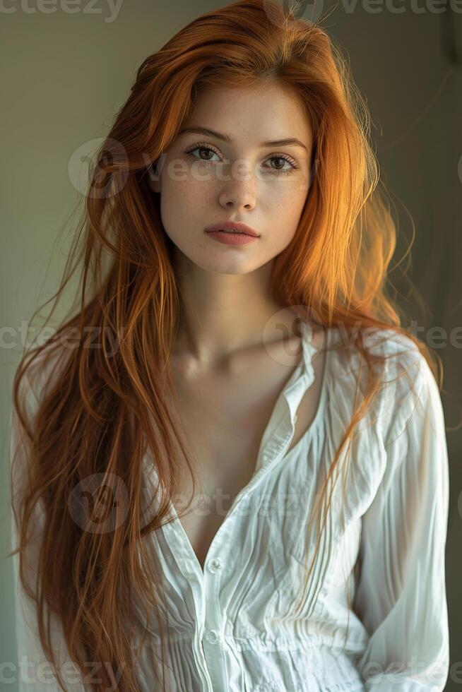 Portrait of a Woman With Long Red Hair in a White Blouse photo